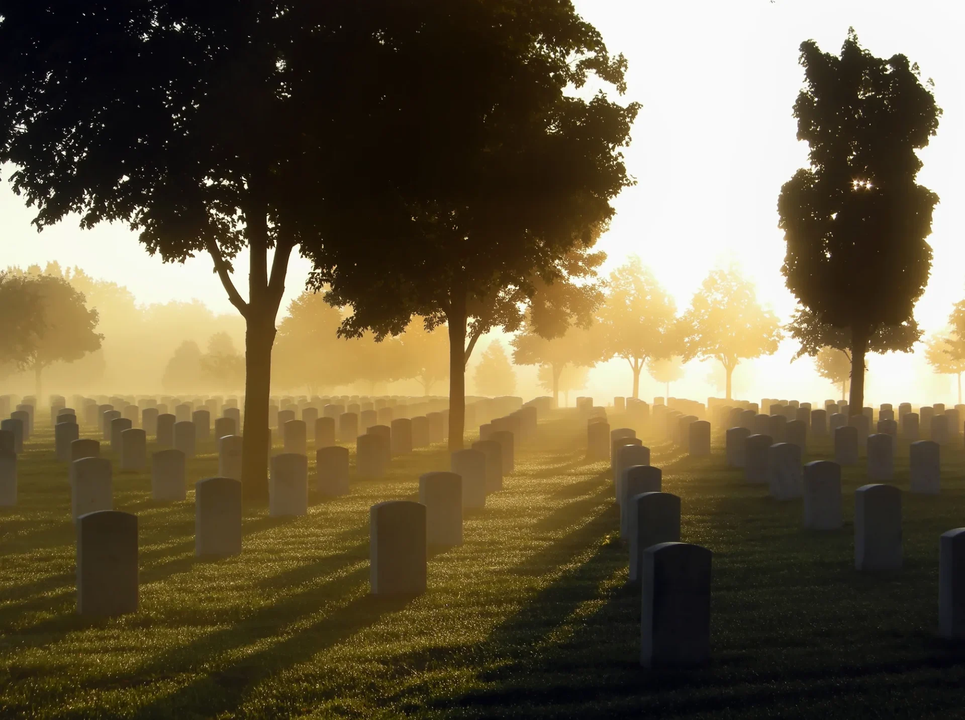 A cemetery at sunrise with headstones casting long shadows, framed by trees and mist in the background.