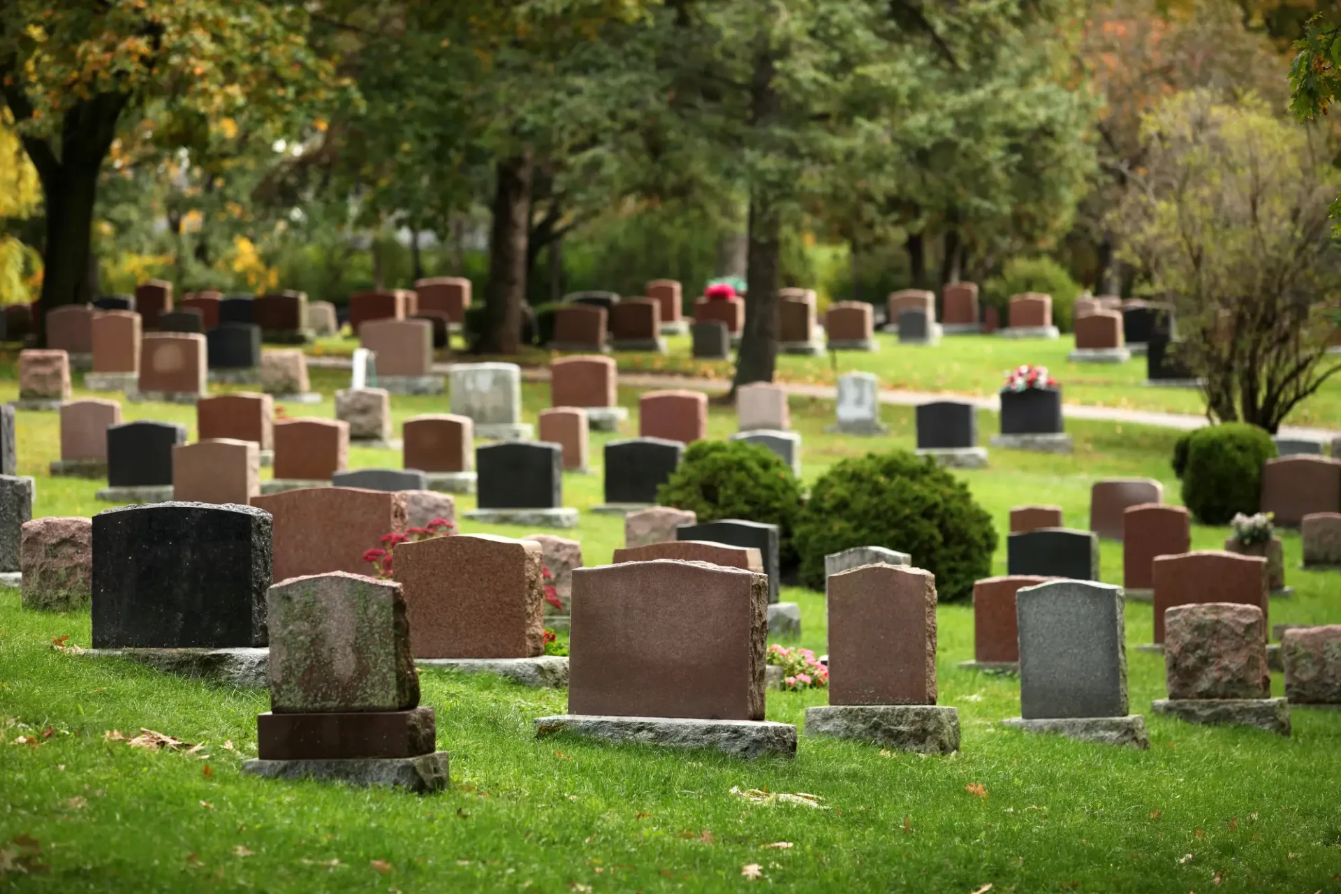 A cemetery with numerous headstones of varying sizes and colors, surrounded by green grass and trees.